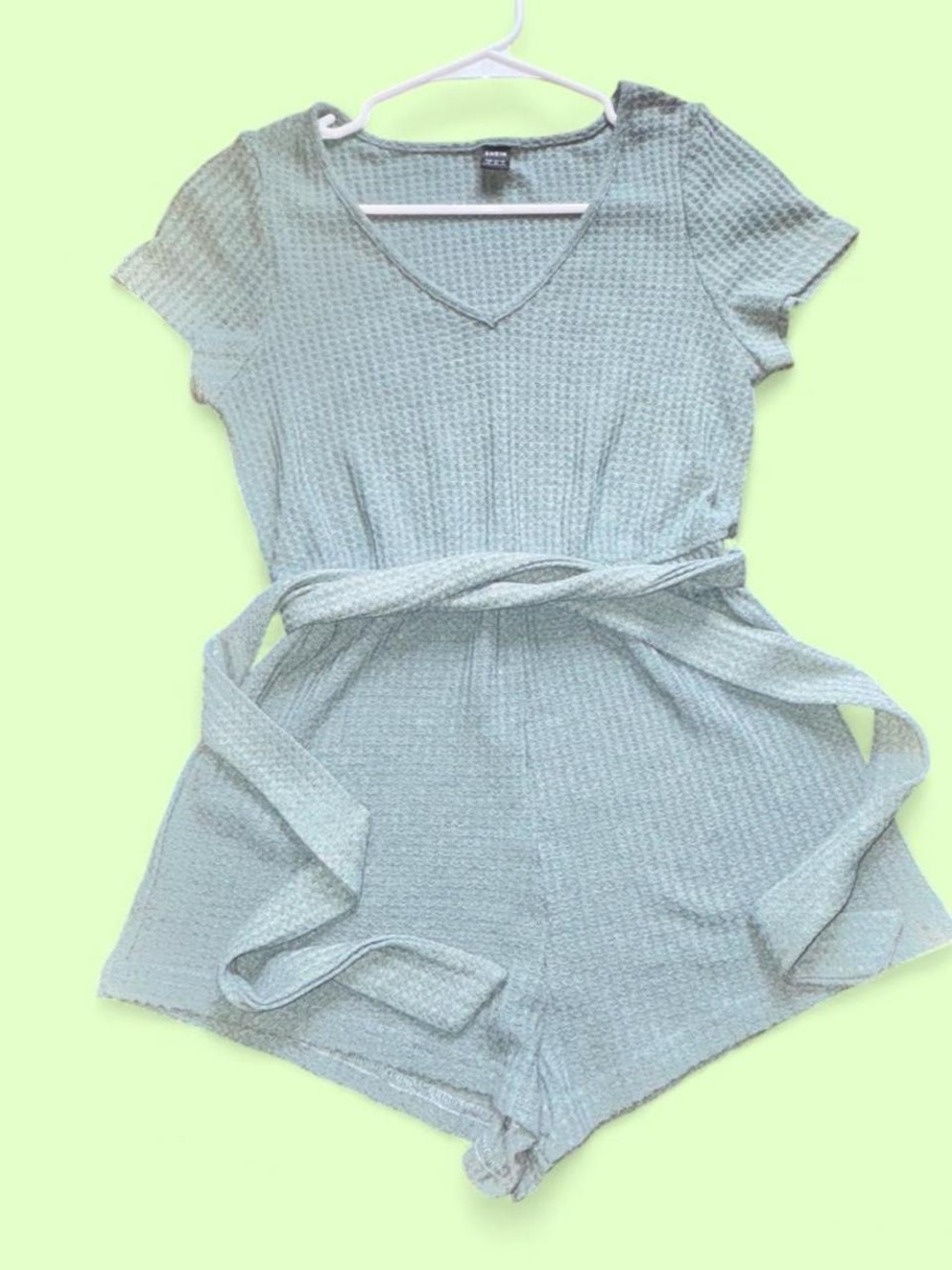 Women’s Mint Waffle Knit Short Sleeve Romper with Tie Waist